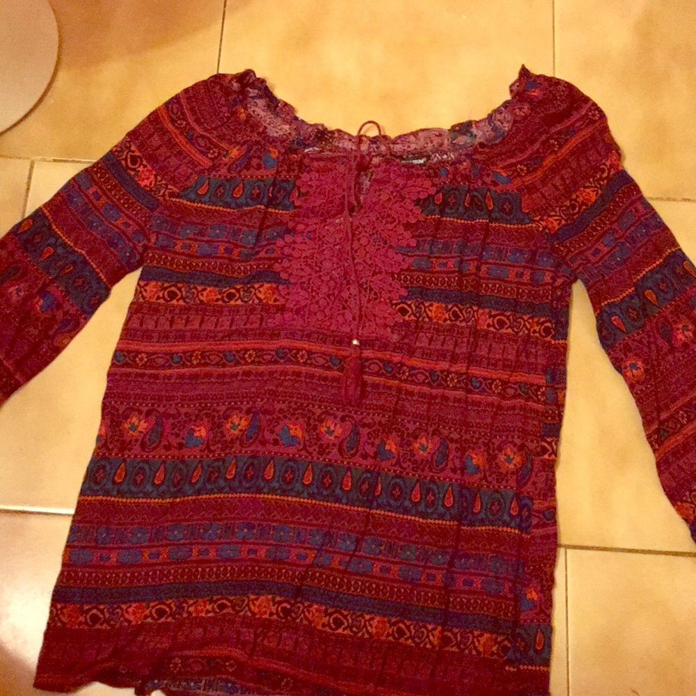 Blouse red wine with blue and black. (Small)